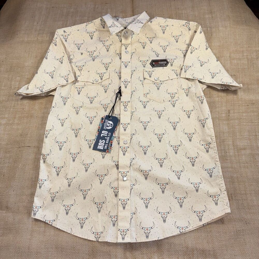 Rock & Roll Denim Boy's Yellow Steer Skull Pearl Snap Western Shirt Size XL